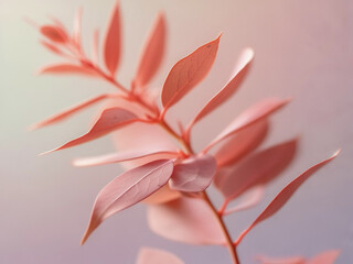 自然光に揺れるコーラルピンクの葉のソフトなモーションブラー背景