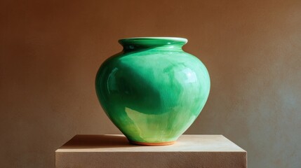Large, round, green vase sitting on top of a wooden block. the vase is made of ceramic and has a smooth, glossy finish.
