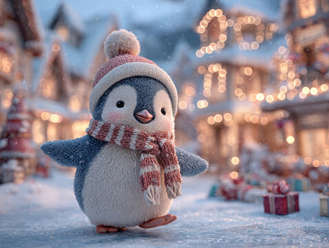 Winter holiday card with a central penguin character, standing out in a snowy European village square decorated for Christmas and New Year Features CGI animation style, warm lighting, - AI-Generated - Powered by Adobe