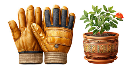 Isolated Yellow Gloves and Potted Plant with Flower on Transparent Background