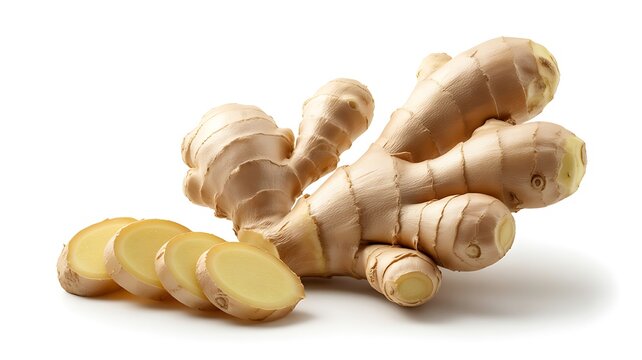 Fresh Ginger Root and Slices on White Background