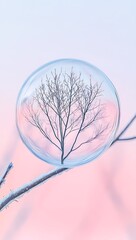 Winter tree reflection in water droplet on branch serene nature scene high resolution photo