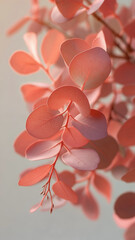 柔らかな光に包まれたピンクユーカリの葉（縦長クローズアップ） - ボタニカル、マクロ、幻想的な癒やし背景