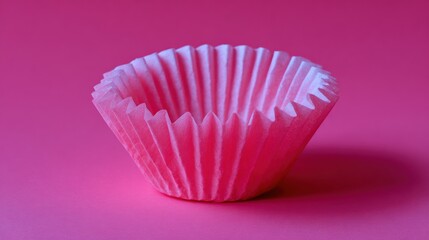 Close-up of a pink cupcake liner on a pink background. the cup liner is made of paper and has a scalloped edge. it appears to be empty and is placed in the center of the image.