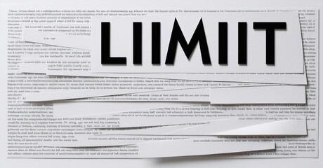 Papers stacked, text visible. Large letters spell LIIMIIT over documents. Black font on white paper creates contrast. Minimalist composition.