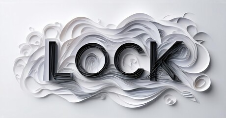 Layered paper forms word LOCK. Gray, white tones create swirling, dynamic visual effect. Minimalist design, artistic presentation.