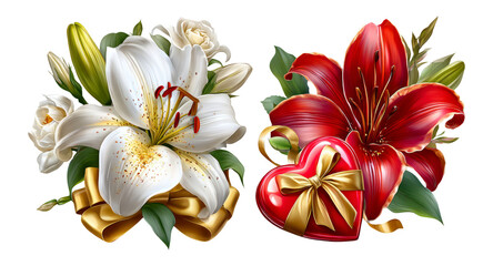 Beautiful White and Red Lilies with Heart Gift Box on Transparent Background