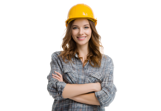 Smiling Construction Worker Portrait Confident Engineer in Yellow Hardhat and Gray Plaid Shirt Arms Crossed on Isolated Background