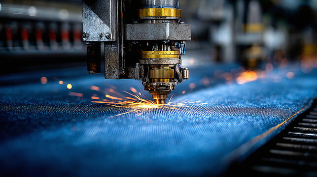 Close-up of industrial laser cutting machine engraving patterns on blue denim fabric with sparks flying on metallic background in studio light setup. Ai generative