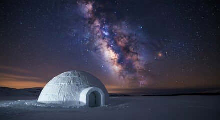 Snow igloo under a breathtaking starry night sky, with the vibrant Milky Way visible