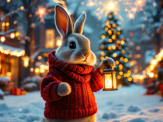 Whimsical holiday card featuring a standing, knitted sweater-wearing rabbit with lantern during snowy Christmas night Large decorated tree and twinkling lights in background Warm and - AI-Generated
