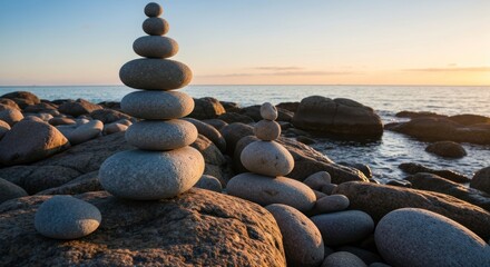 Smooth stones balanced in cairns on a rocky beach with ocean and golden sky at dusk
