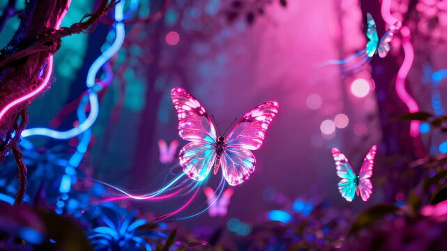 Vibrant 4K Animated Neon Butterflies Fluttering in a Magical Dream Forest