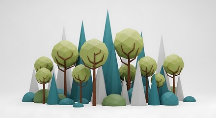 Stylized Low Poly Landscape with Trees and Cones.