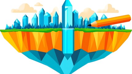 Obraz premium Creative floating island cityscape with pencil drawing effect fantasy art digital illustration high resolution photo