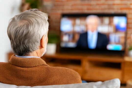 Man Watching Television in a Cozy Living Room During the Evening, Following Live News Broadcast