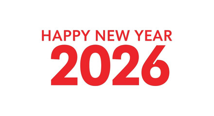 Bold red silhouette of happy new year 2026 text against a white background