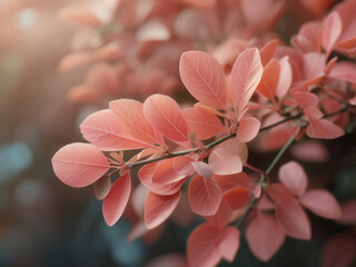 柔らかな光に包まれた赤みがかった葉のクローズアップ - 秋の紅葉、ボタニカル、マクロ、幻想的な癒やし背景