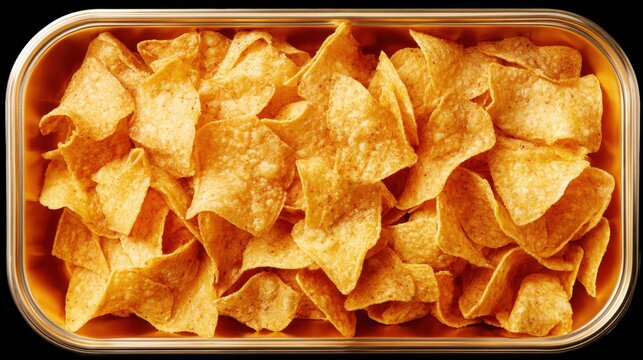 Rectangular plastic container filled with tortilla chips. the chips are golden brown in color and appear to be freshly made.