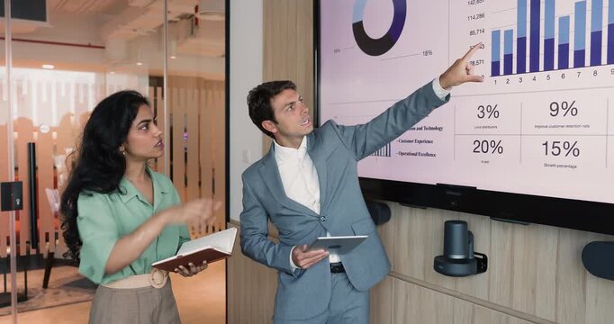 Two colleagues analyzing data displaying on large screen