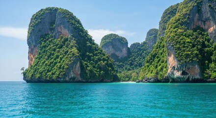 Stunning tropical seascape clear turquoise water, imposing green-clad rock formations