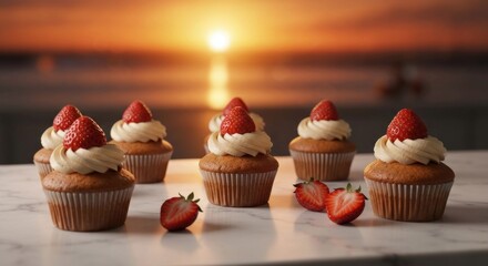 Sunlit strawberry cupcakes with creamy frosting on marble, against a vibrant sunset