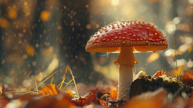 Video A single mushroom sits atop a pile of fallen leaves in a natural setting