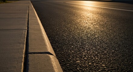 Sunlight glistens on a textured asphalt road next to a concrete sidewalk and curb