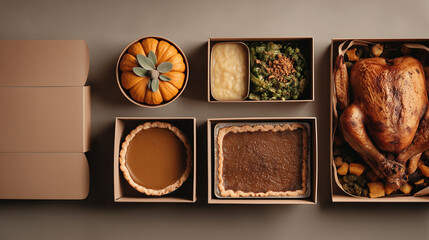 Thanksgiving dinner in cardboard delivery boxes with roasted turkey pumpkin pie vegetables stuffing and side dishes symbolizing holiday meal preparation family celebration food packaging autumn season