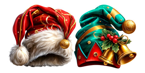 Colorful Christmas Hats with Fur and Bells on Transparent Background