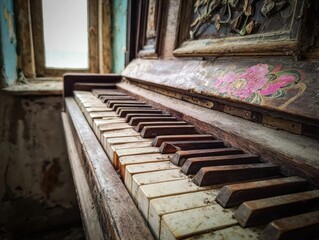 Rustic Upright Piano Keys in Abandoned Room Old Wooden Musical Instrument Detail Neglected Interior Grunge Aesthetic