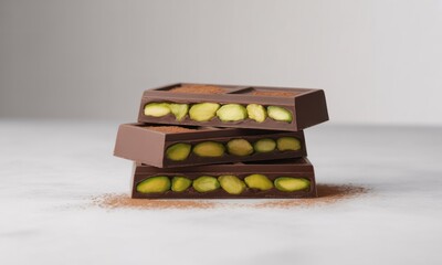 Three stacked milk chocolate pieces filled with vibrant green pistachios, dusted with cocoa