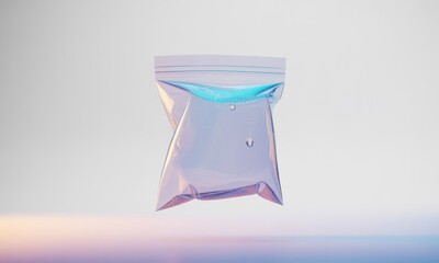 Transparent re-sealable bag containing clear liquid and bubbles, floating on a bright gradient