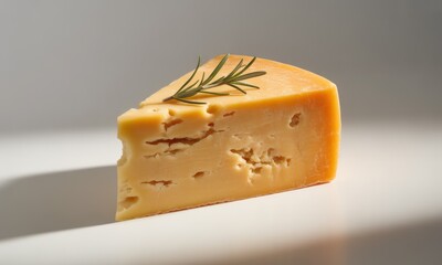 Triangular piece of aged yellow cheese with small holes, topped with fresh rosemary sprig