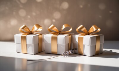 Three white gift boxes with gold ribbons, lavender sprig, and soft background light