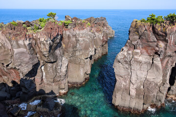 青い空と太平洋の海原の中にそそり立つ伊豆の城ヶ崎海岸の崖