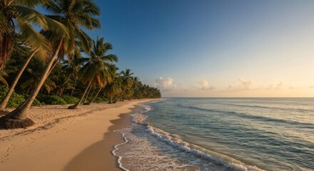 Tropical beach with palm trees, white sand, and ocean waves under a vibrant sky