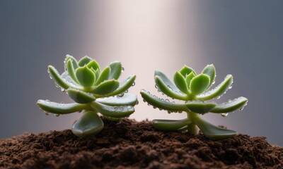 Two dewy green succulent plants in rich brown soil illuminated by soft background light