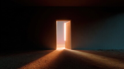 Open door in a dark room with a bright light shining through it. the door is white and appears to be made of wood, with a handle on the right side.