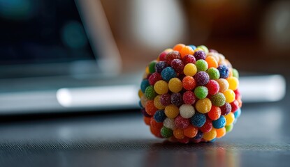 Colorful candy sphere on dark surface, laptop blurred in background