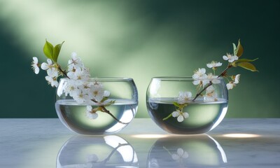 Two clear glass bowls, water, white blossoms, green leaves, reflective surface, green background