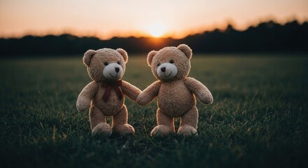 Two cute teddy bears holding hands in grass at golden hour sunset with warm glow