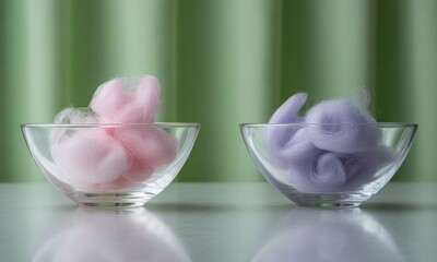 Two glass bowls hold fluffy pink and purple fibers on a reflective surface, green background