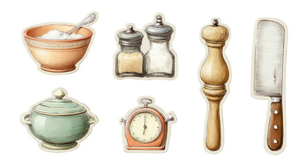 Vintage Kitchen Utensils and Ingredients Collection on Isolated Transparent Background