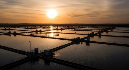 Obraz premium Shrimp farm ponds at sunset