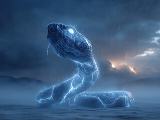 Icy serpent poised on a stormy landscape, digital art, icy blue scales, dark blues and grays color palette, electrical energy emanation, dramatic horizon, slight overhead perspective - AI-Generated