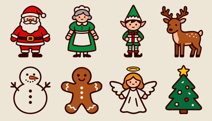 Fototapeta premium Set of Christmas icons with Santa Mrs Claus elf reindeer snowman gingerbread angel and tree 