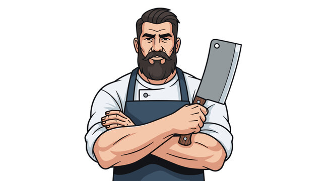 A stern butcher in an apron holding a cleaver with his arms crossed.