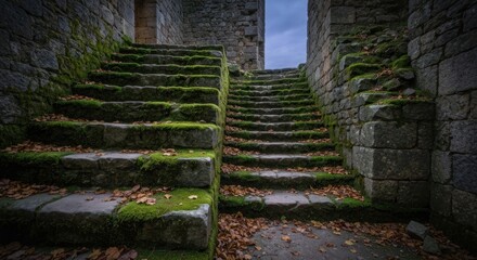 Two mossy stone staircases ascend a weathered, ancient ruin under a dark sky