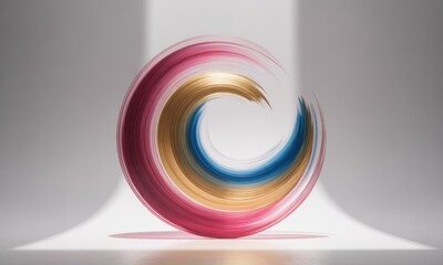 Vibrant abstract sphere of swirling pink, gold, blue colors against a bright studio light